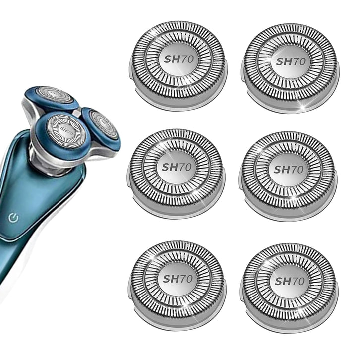 TGSBHIO SH70 front packaging showing six replacement heads and compatibility details, keeps shaver performing like new
