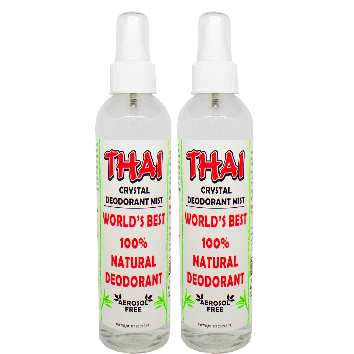 Thai Deodorant Stone front packaging showing two 8 oz bottles and clear labeling for convenience