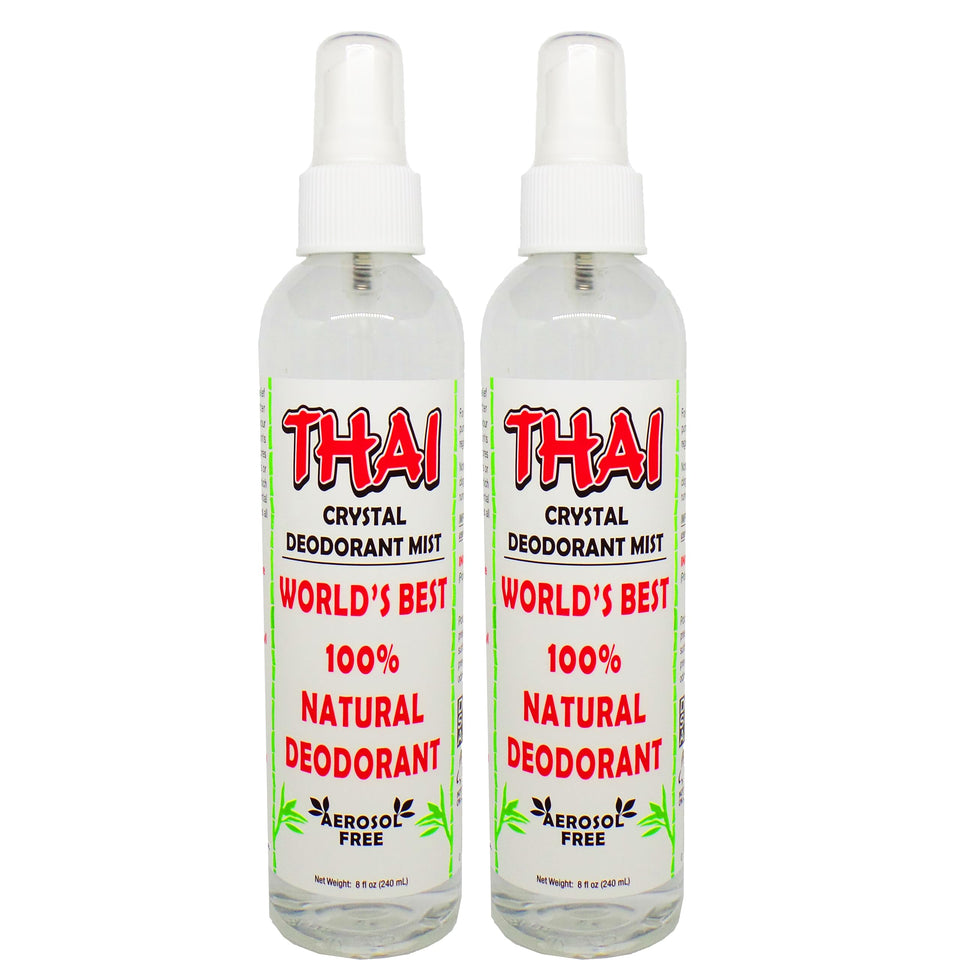 Thai Deodorant Stone front packaging showing two 8 oz bottles and clear labeling for convenience