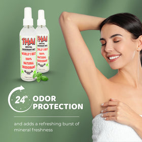 Thai Deodorant Stone next to a water bottle to show 8 oz size and travel-friendly capacity