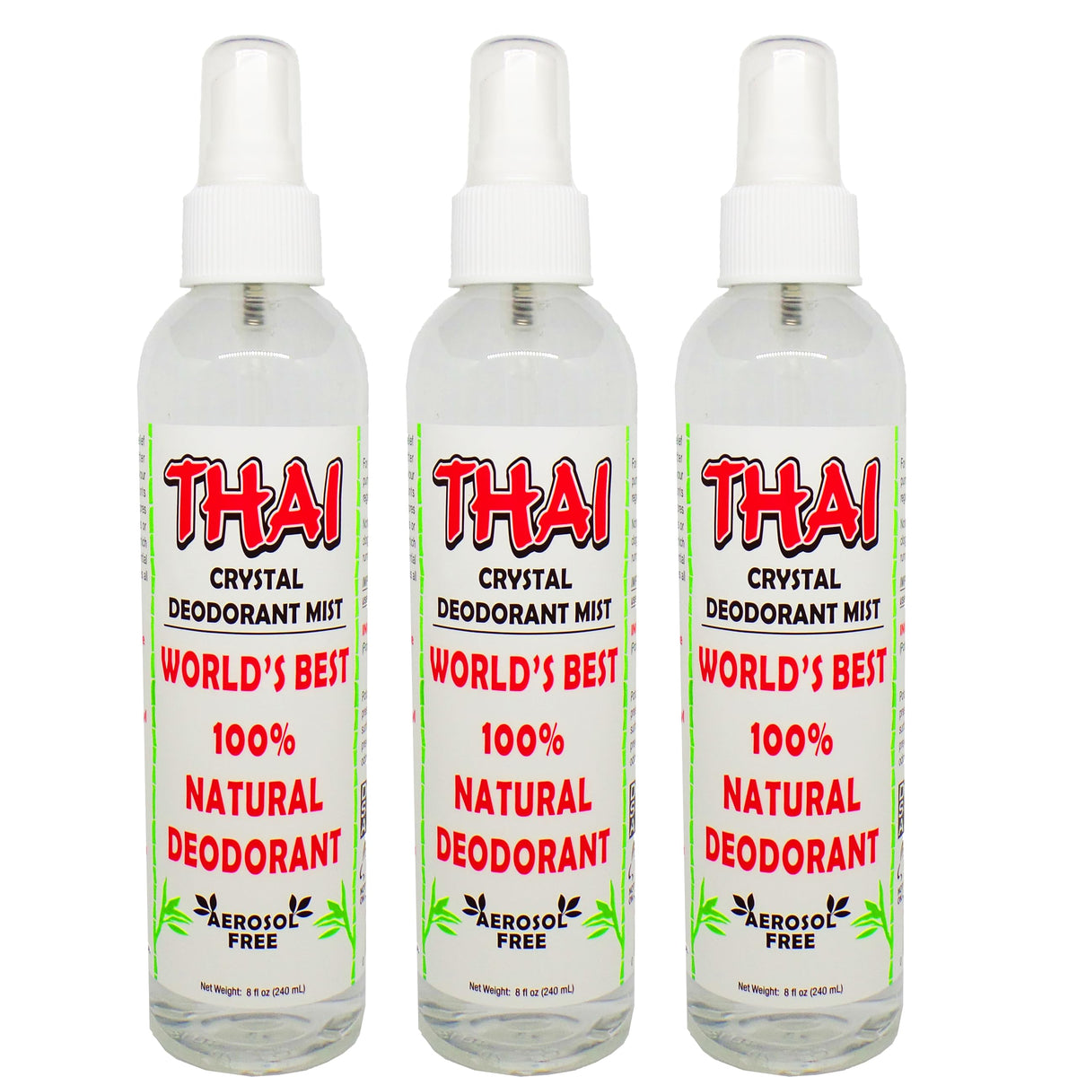 Thai Deodorant Stone front packaging showing three 8 oz bottles and clear labeling benefits