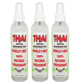 Thai Deodorant Stone front packaging showing three 8 oz bottles and clear labeling benefits
