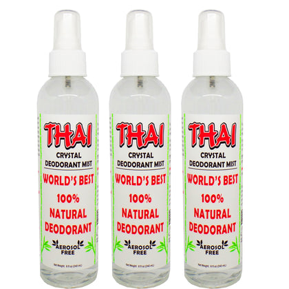 Thai Deodorant Stone front packaging showing three 8 oz bottles and clear labeling benefits