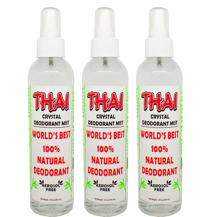 Thai Deodorant Stone front packaging showing three 8 oz bottles and clear labeling benefits