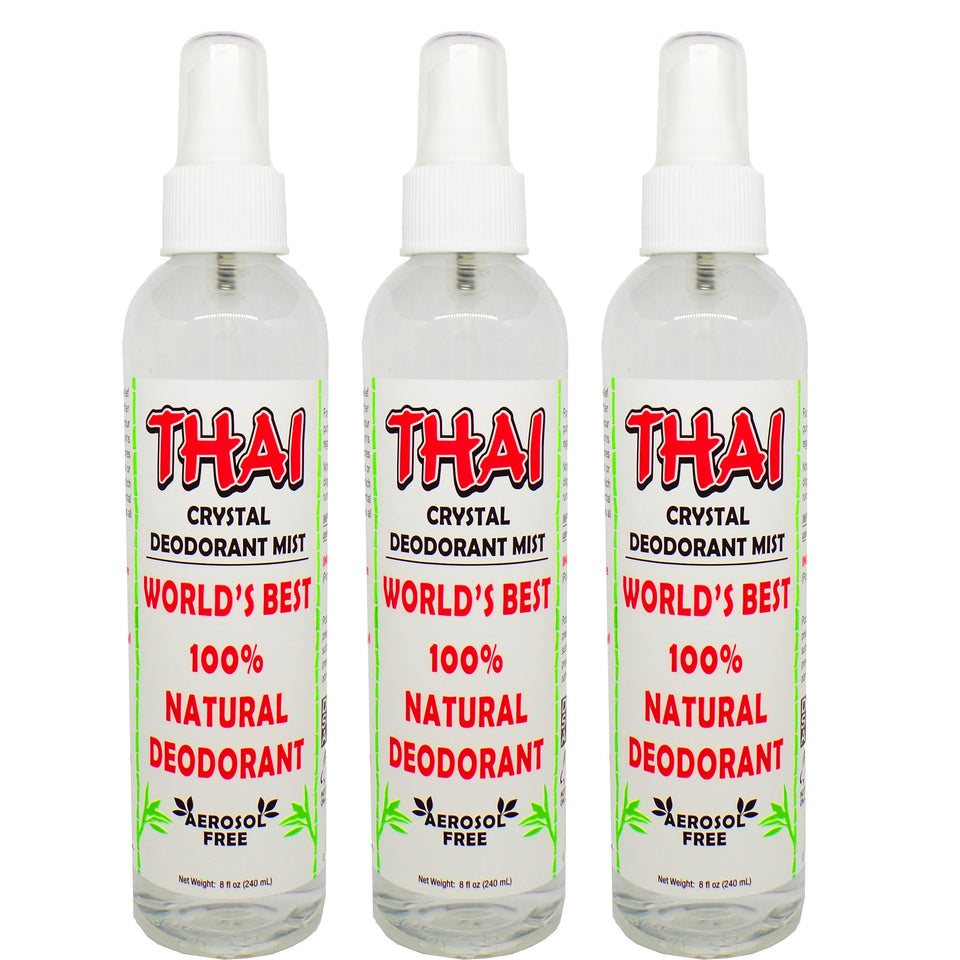 Thai Deodorant Stone front packaging showing three 8 oz bottles and clear labeling benefits