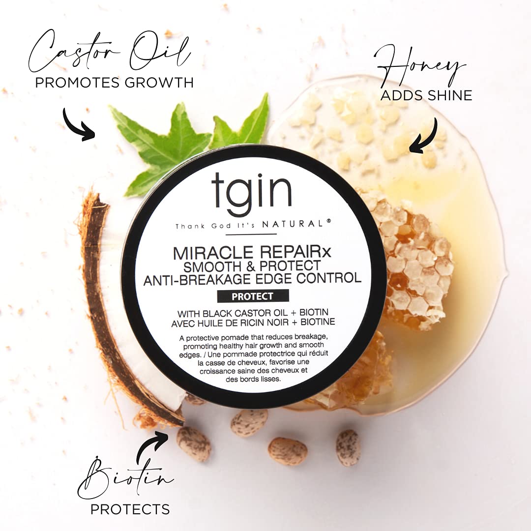 Thank God It's Natural product in use on model taming edges for sleek hairline and long-lasting hold
