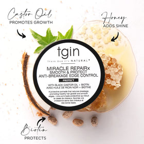Thank God It's Natural product in use on model taming edges for sleek hairline and long-lasting hold