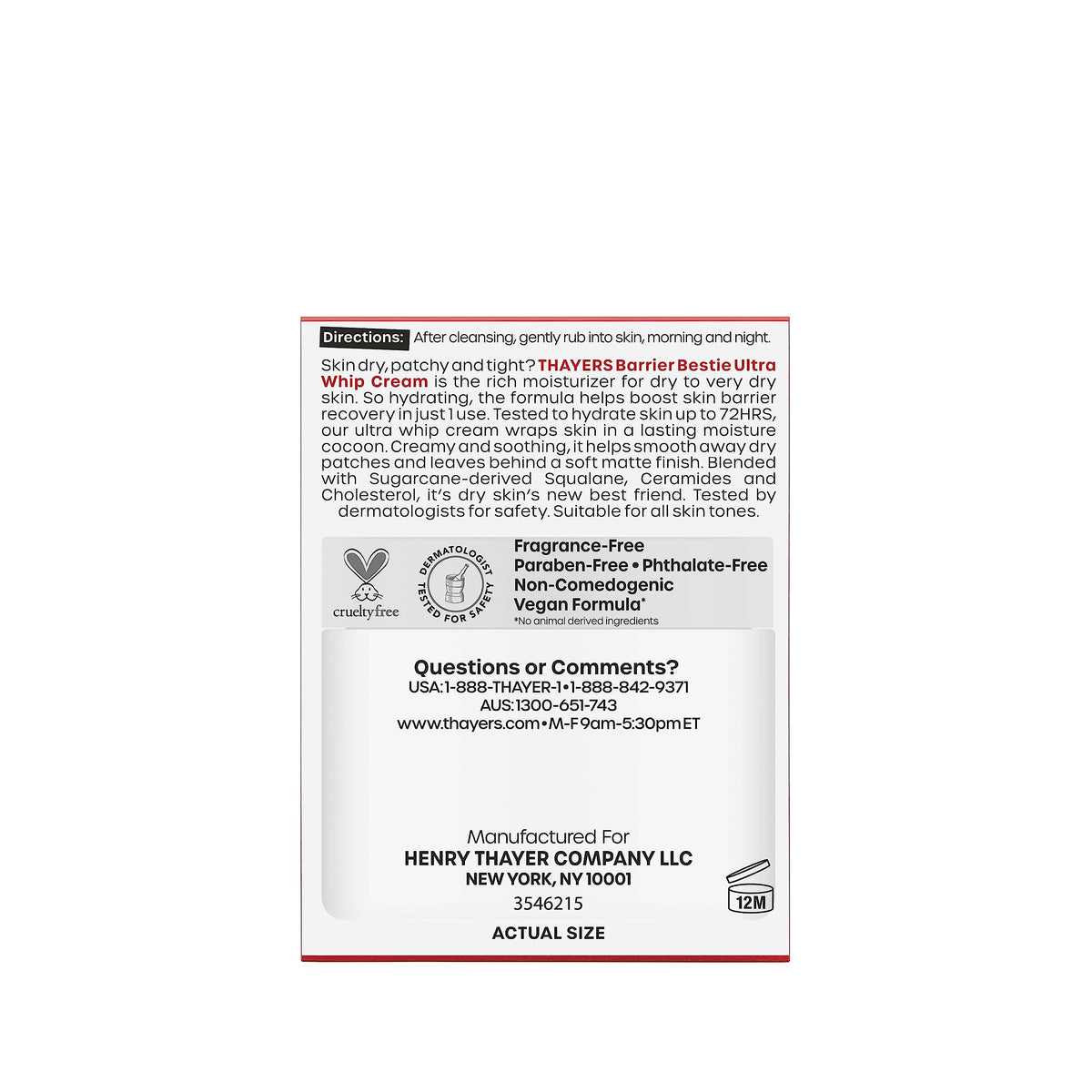 THAYERS close-up of label details conveying dermatologist-tested, fragrance-free benefit