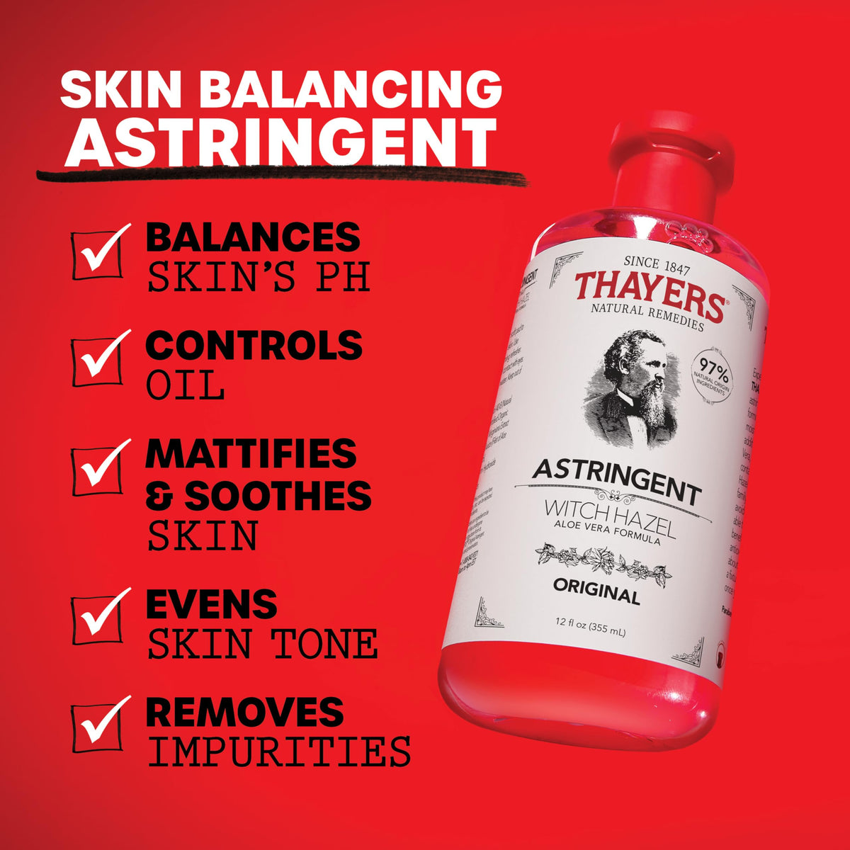 THAYERS label close-up highlighting non-distilled witch hazel extract
