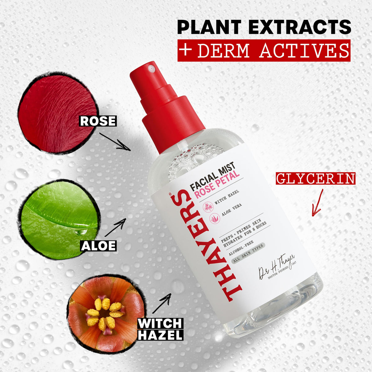 Thayers bottle label detail with rose petal note indicating natural botanical ingredients