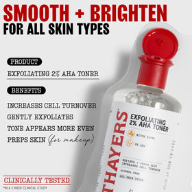 Thayers close-up label showing glycolic and lactic acids and botanical benefits