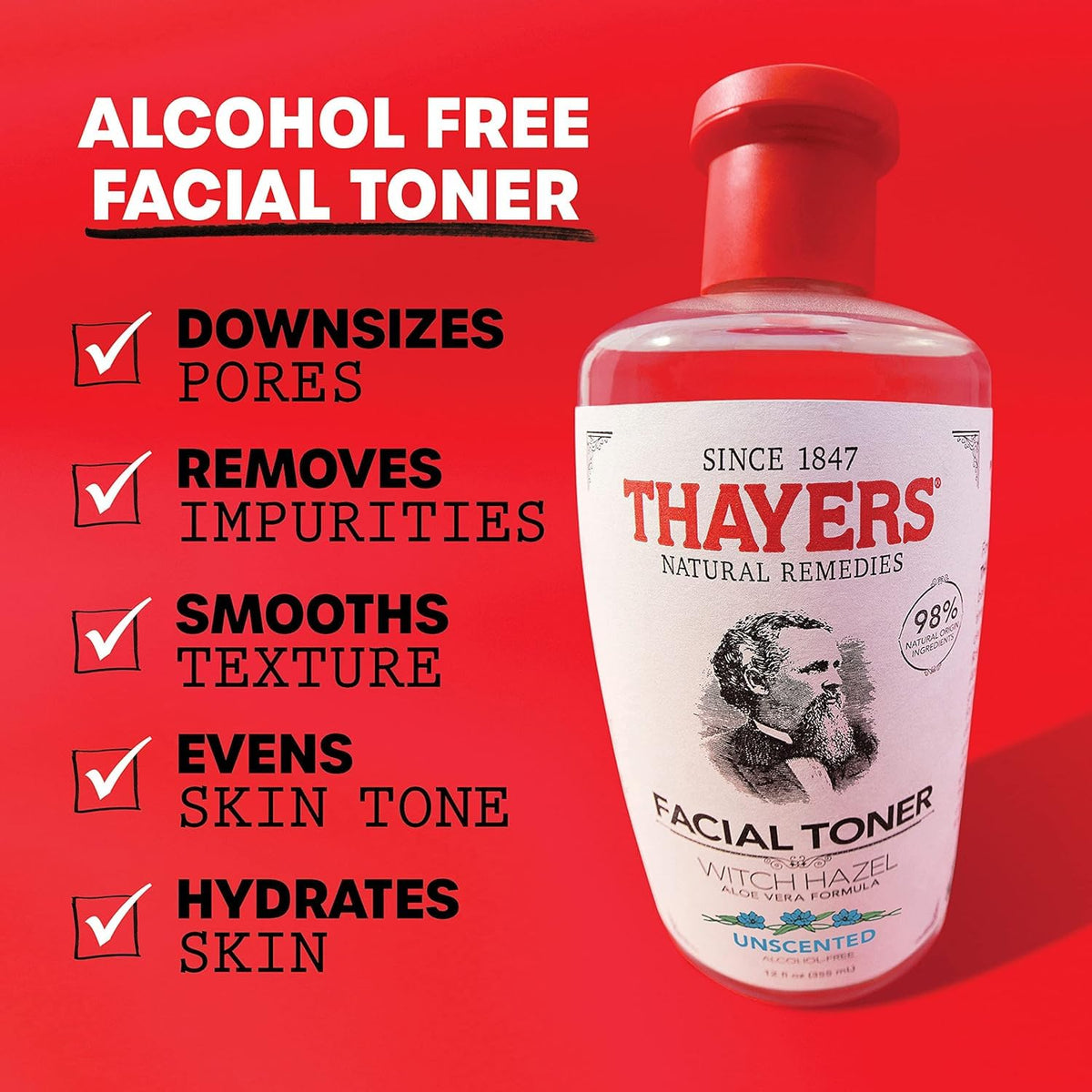 THAYERS close-up label highlighting witch hazel and aloe vera benefits