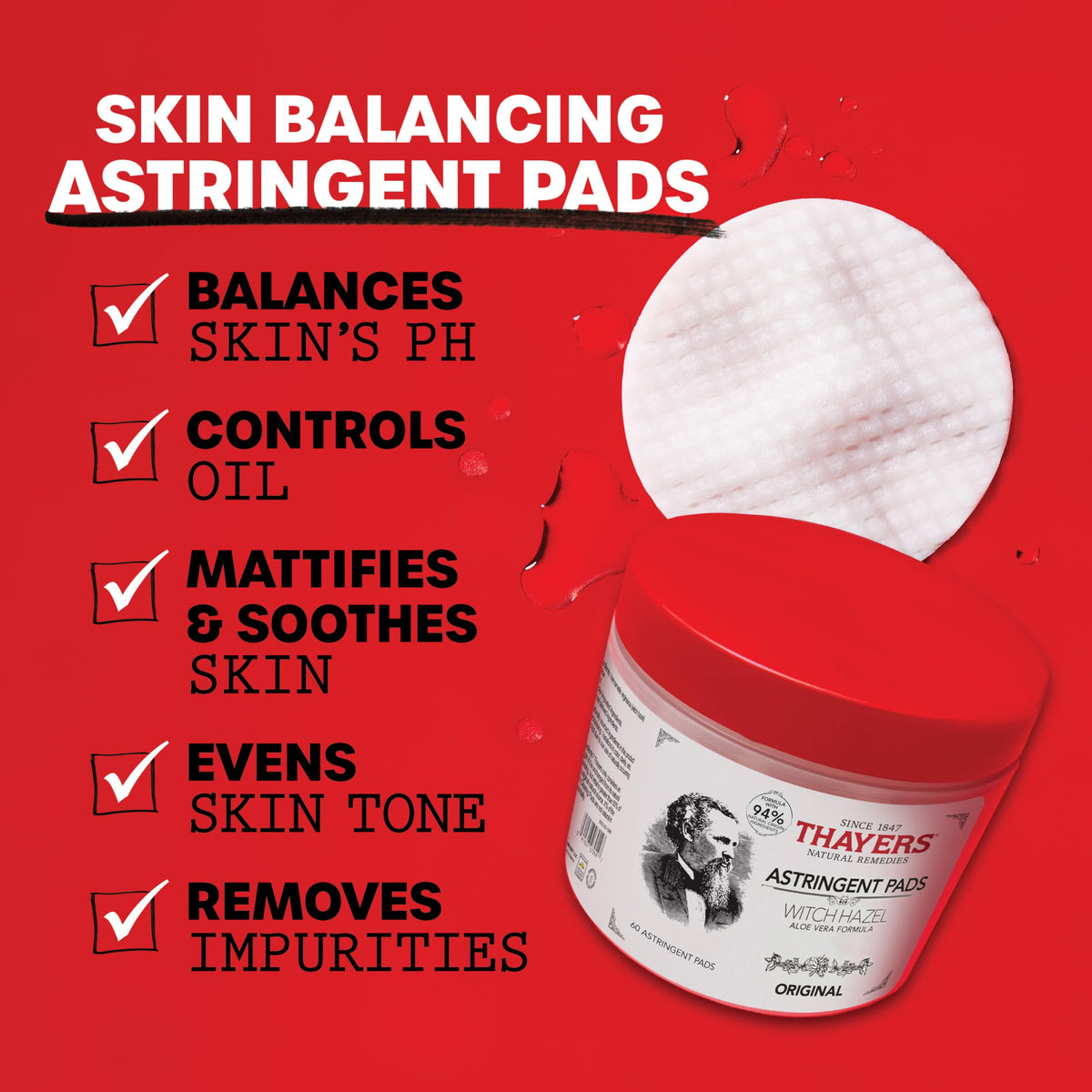 THAYERS close-up wet pad texture demonstrating gentle cleansing power