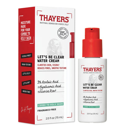 THAYERS front packaging of Let's Be Clear Water Face Cream showing clean design and purpose
