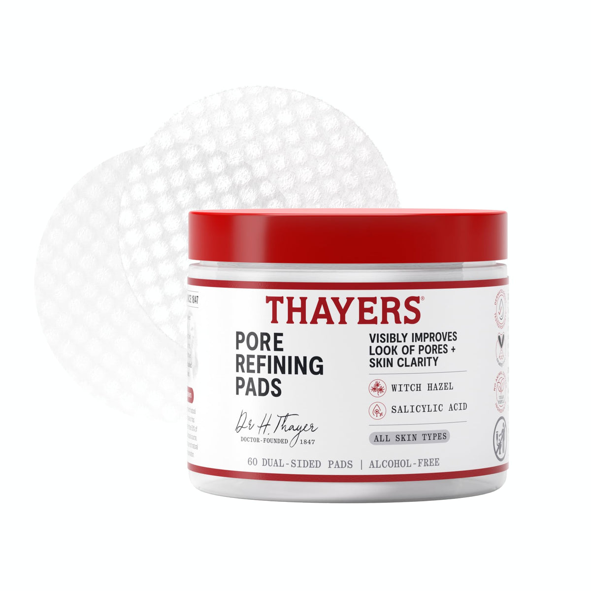 Thayers front packaging showing 60-count pads and clear benefits