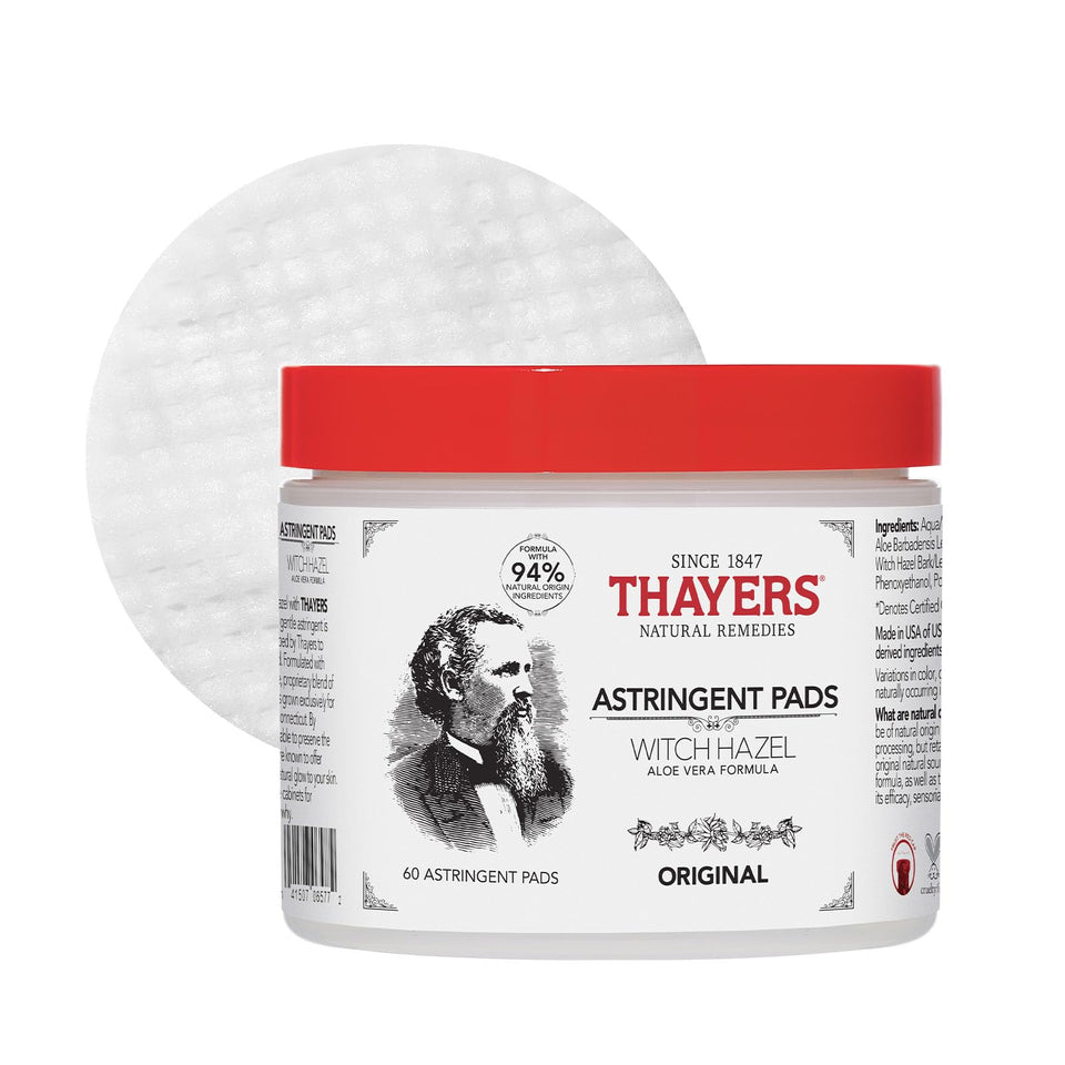 THAYERS front packaging of witch hazel pads showing travel-ready convenience