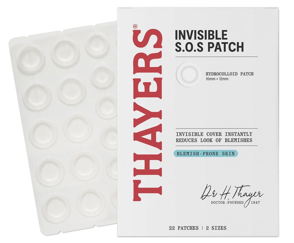 THAYERS front packaging showing 22 ultra-thin pimple patches and benefits