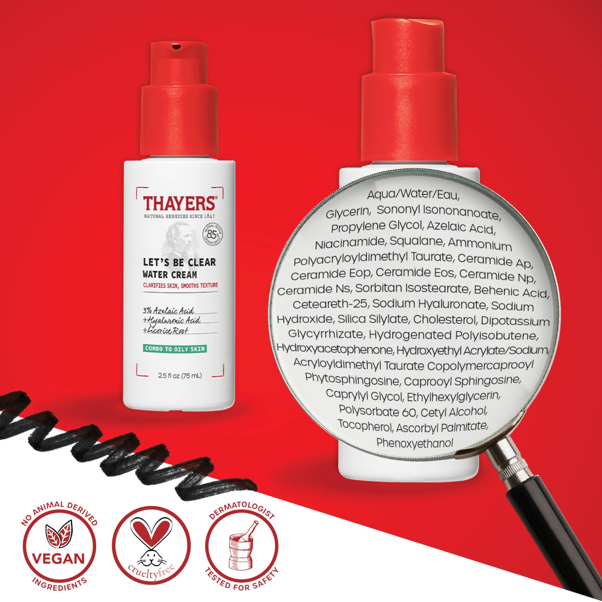 THAYERS label close-up displaying active ingredients and dermatologist-tested claim