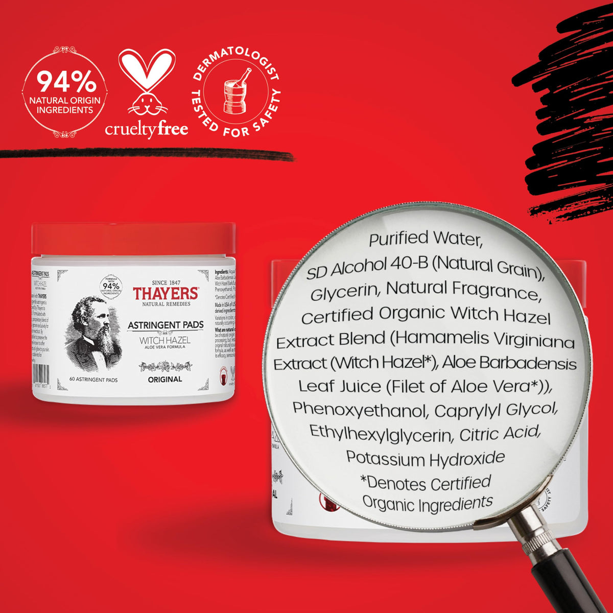 THAYERS label close-up highlighting non-distilled witch hazel authenticity