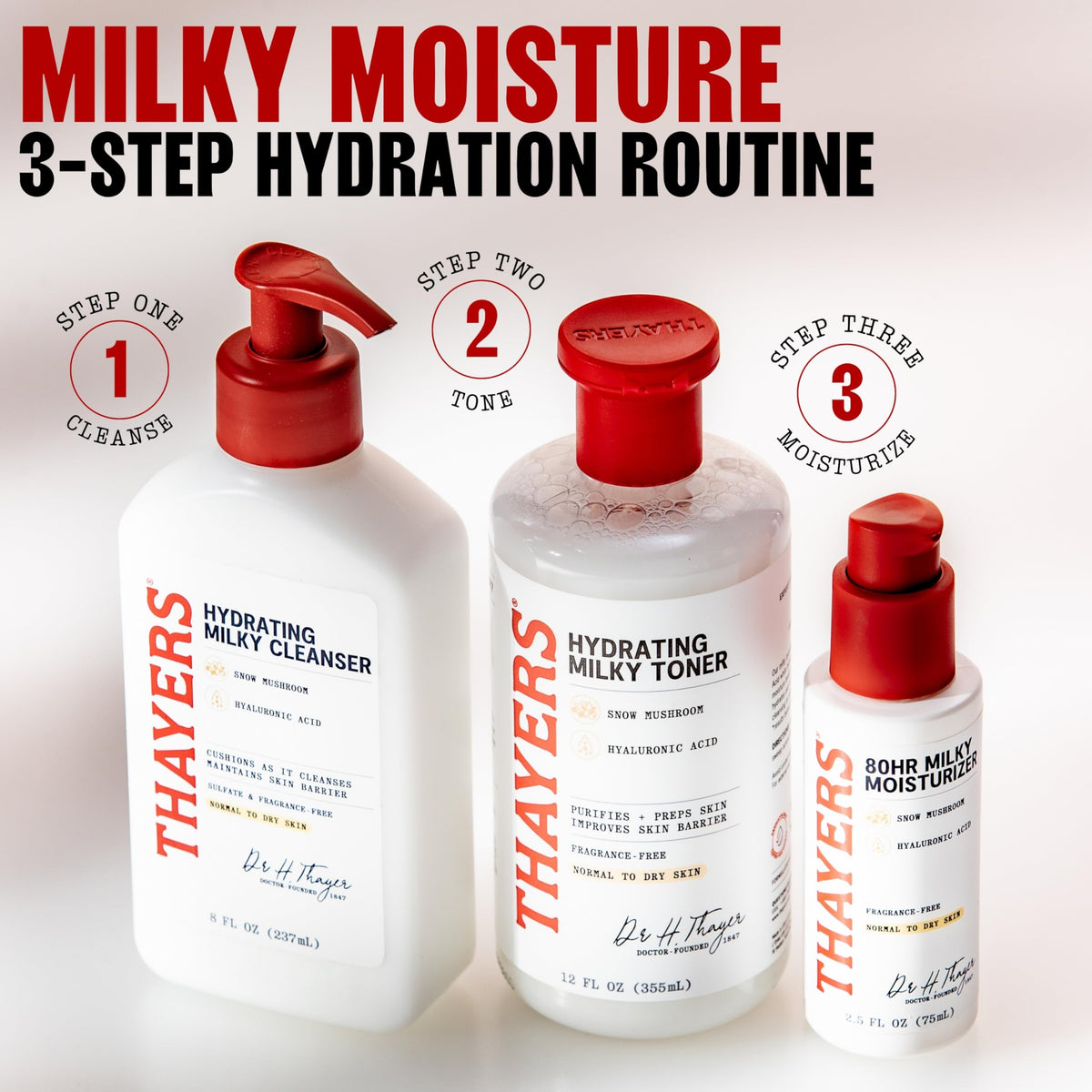 THAYERS lifestyle shot in bathroom routine demonstrating easy layering
