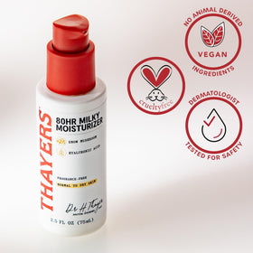 THAYERS cruelty-free and dermatologist-tested badges promoting clean care