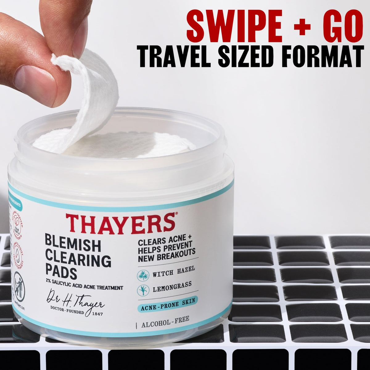 Thayers open container with stacked pads showing travel-ready convenience benefit