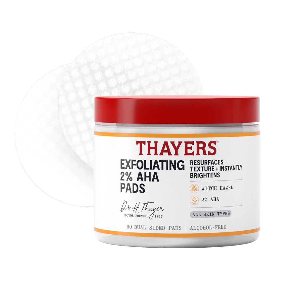 THAYERS front packaging of exfoliating 2% AHA pads showing product identity and count