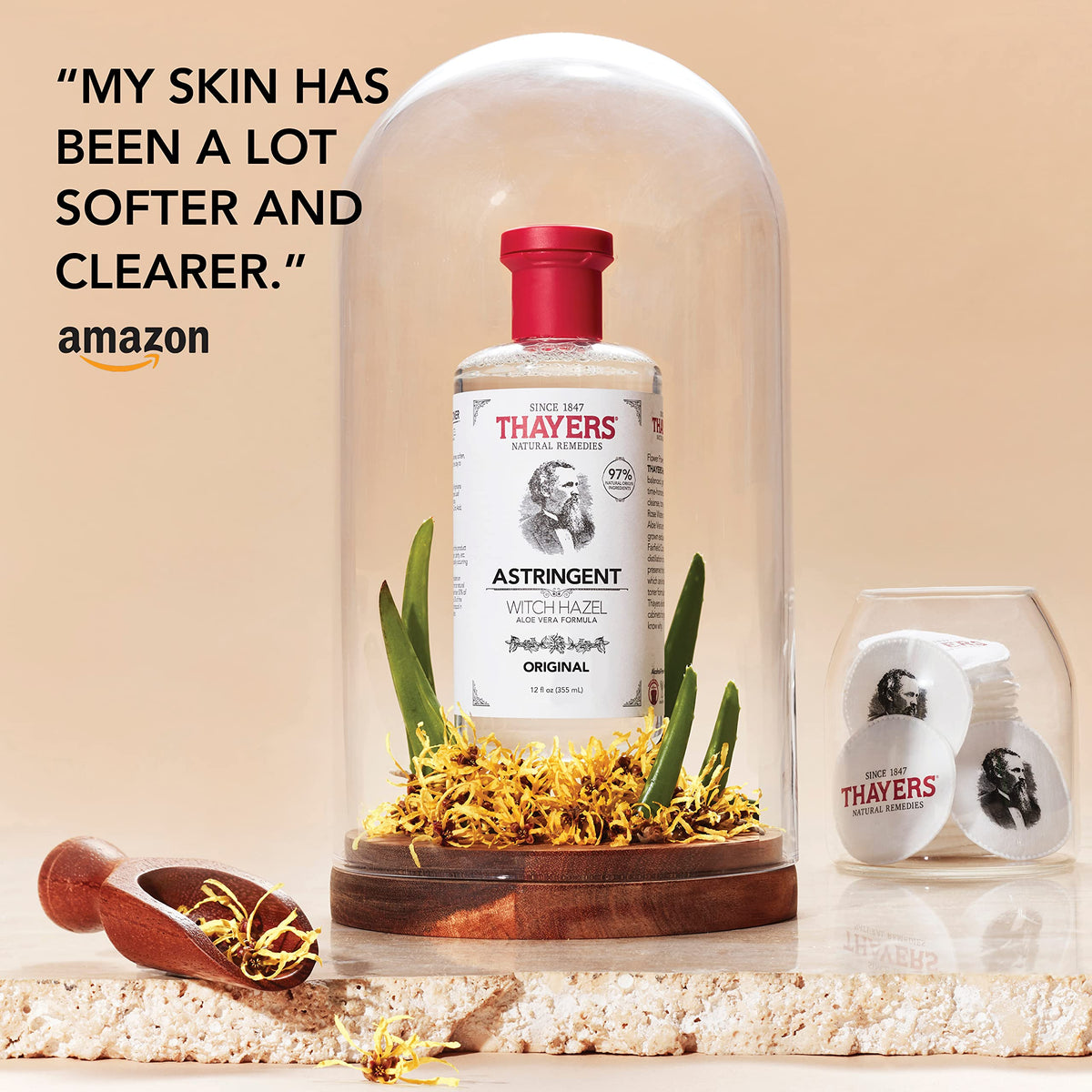 THAYERS bottle beside storage and recycling icons for proper care