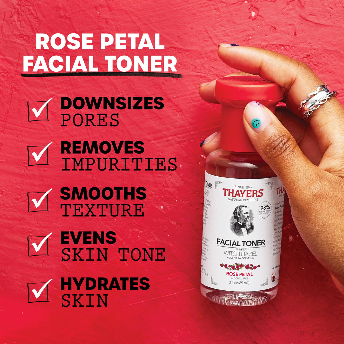Close-up of Thayers Rose Petal label showing key botanical ingredients