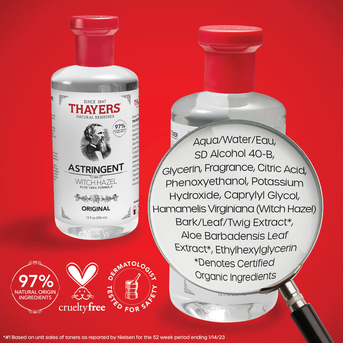 THAYERS 12 oz bottle in hand to show actual product size and scale