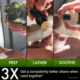 The Art of Shaving tube next to a hand for scale showing the 5 oz travel-friendly size benefit