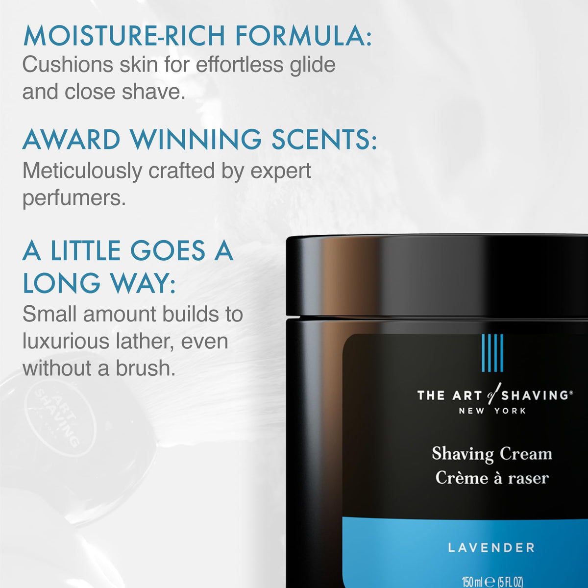The Art of Shaving open cap revealing white lavender cream ready to apply