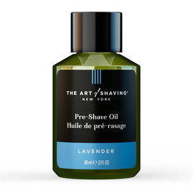 The Art of Shaving front bottle showing lavender pre-shave oil benefit of smooth glide