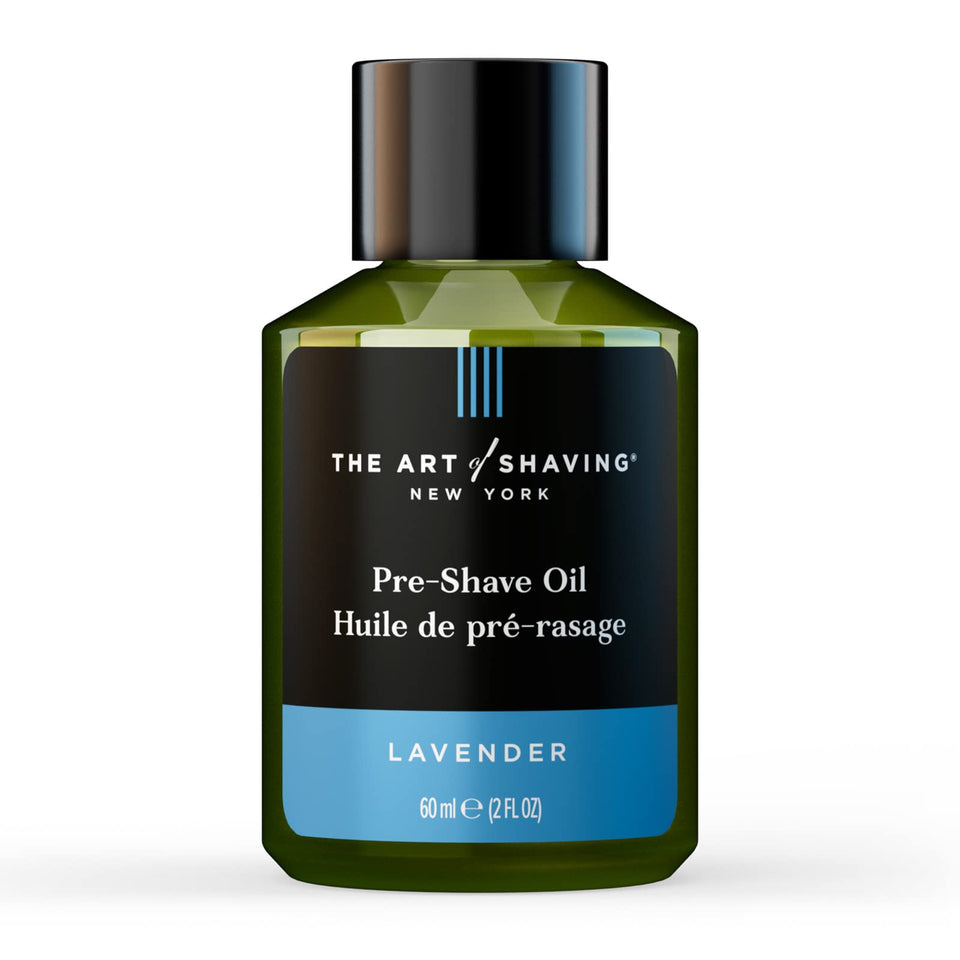 The Art of Shaving front bottle showing lavender pre-shave oil benefit of smooth glide