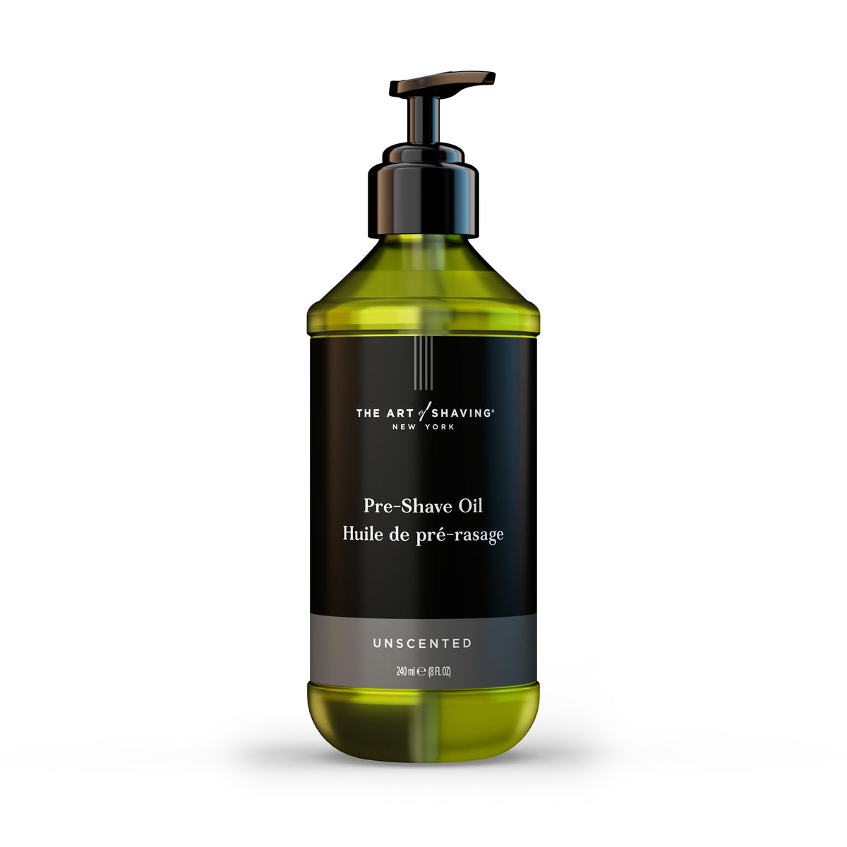 the art of shaving front bottle showing unscented pre-shave oil, easy identification