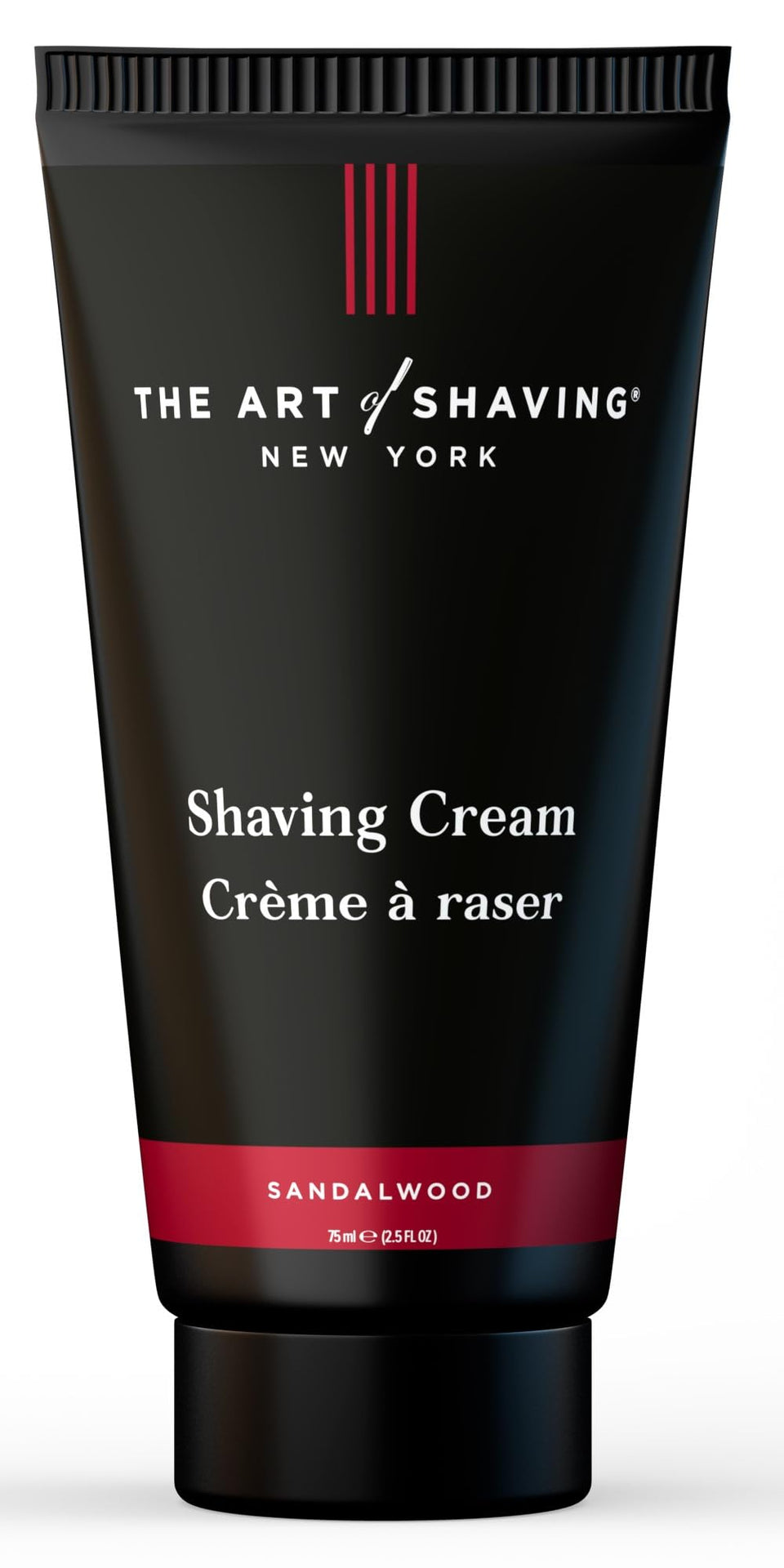 The Art of Shaving sandalwood tube front view showing elegant packaging and clear branding