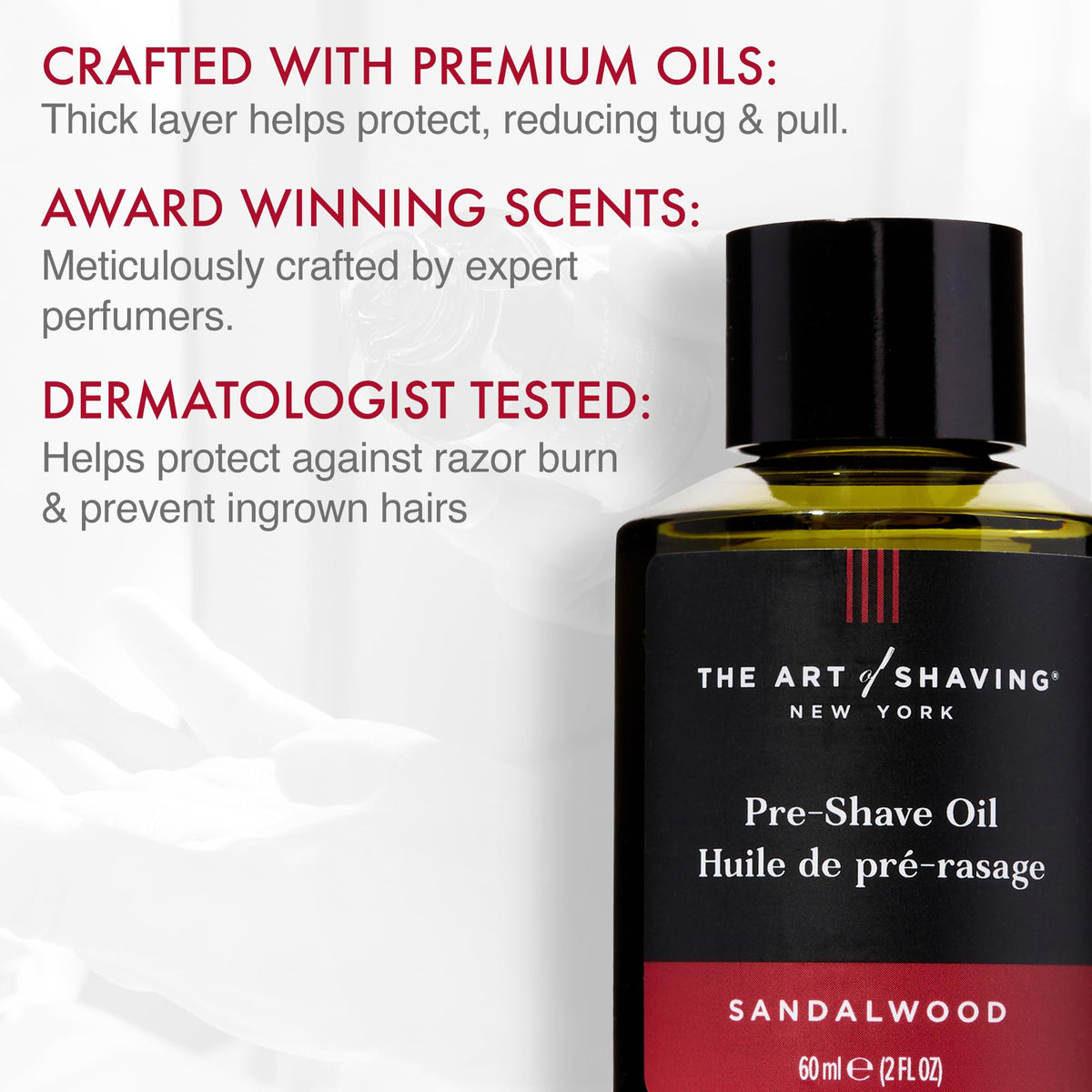 Close-up label of The Art of Shaving highlighting sandalwood oil and ingredient clarity benefit