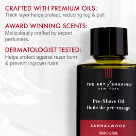 Close-up label of The Art of Shaving highlighting sandalwood oil and ingredient clarity benefit