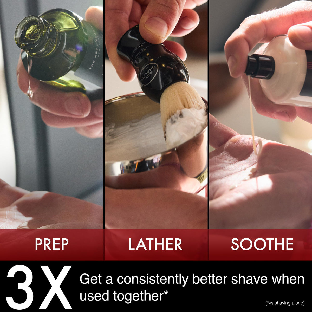 The Art of Shaving label close-up highlighting ingredients and clinical sensitive-skin testing benefit