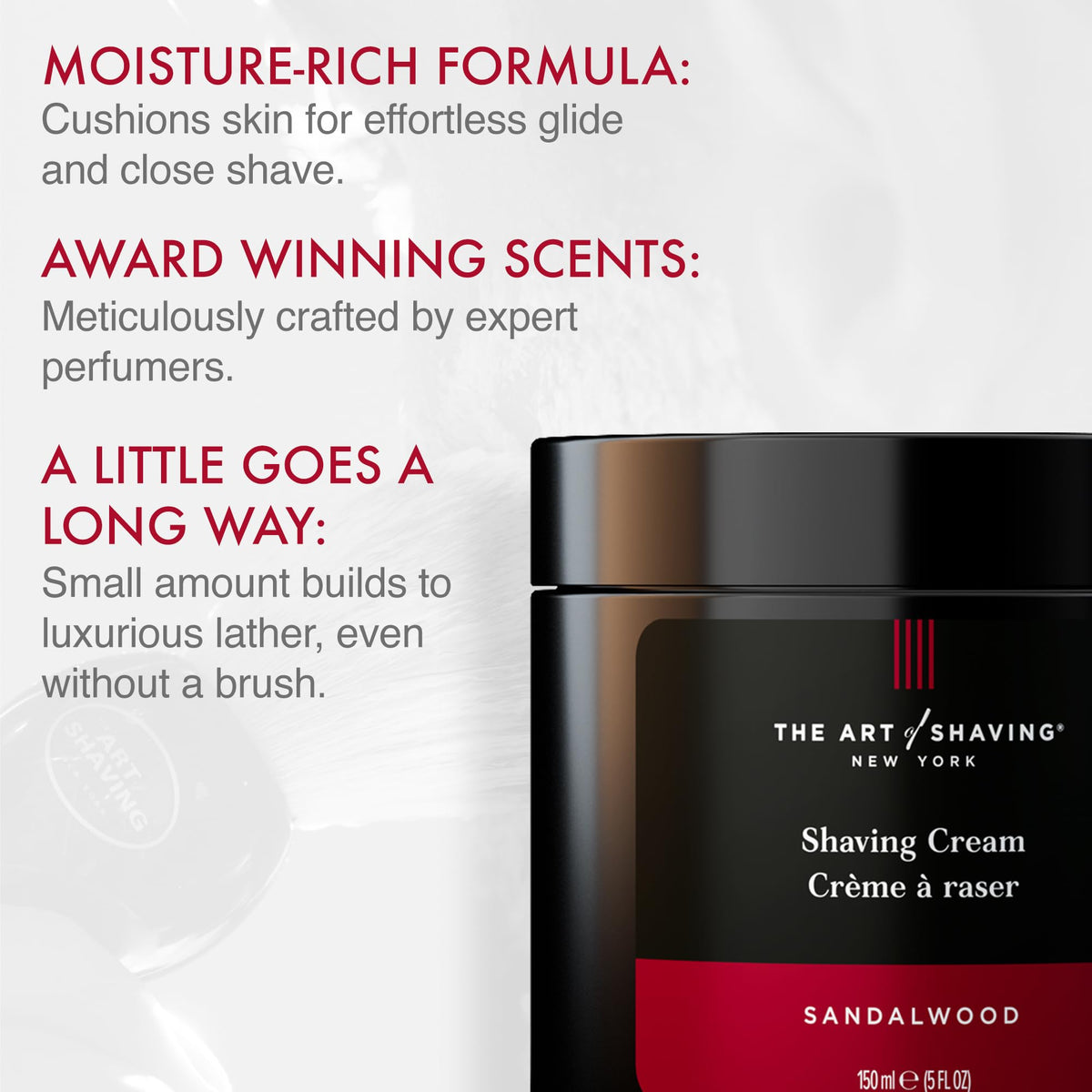 The Art of Shaving open jar showing creamy sandalwood texture for smooth razor glide