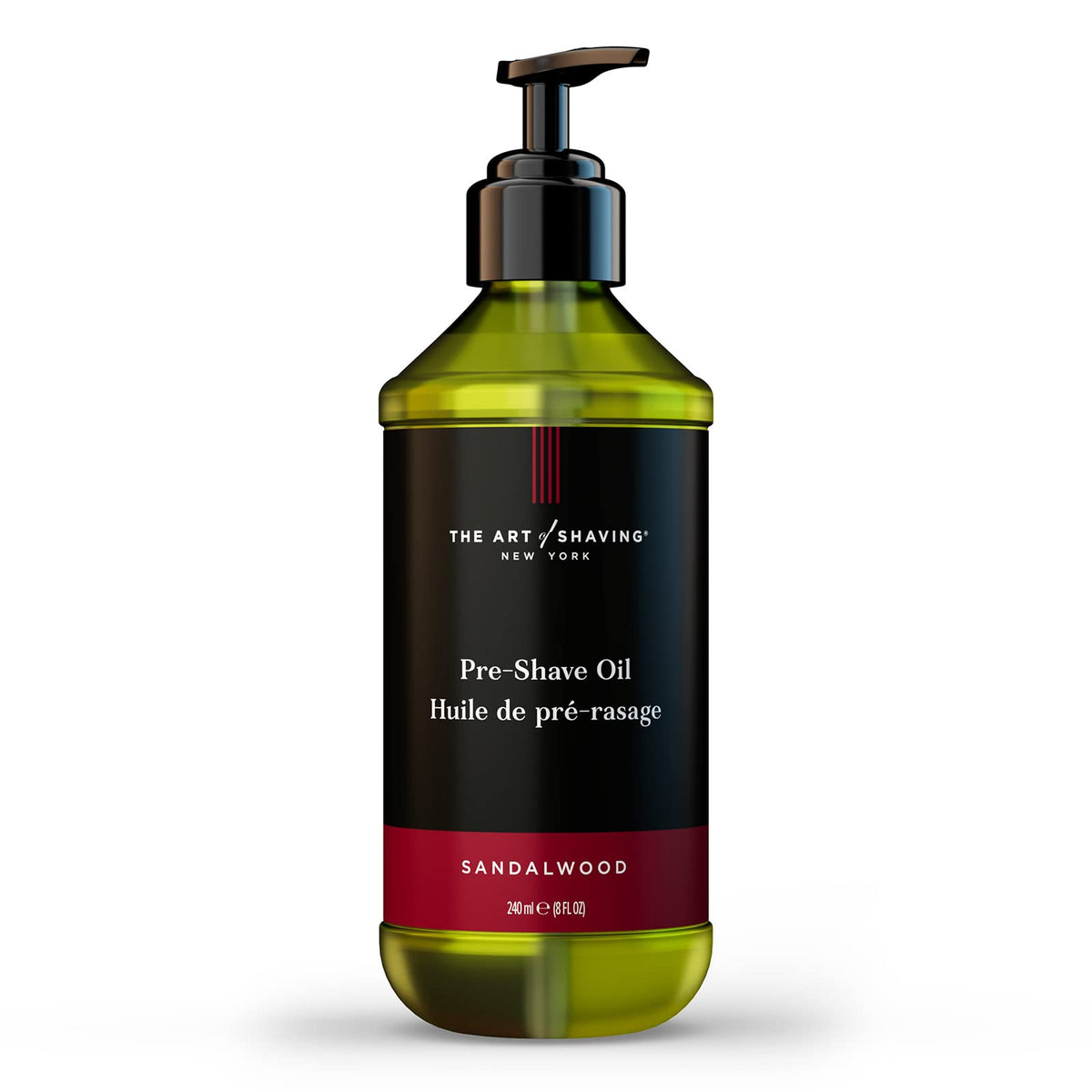 The Art of Shaving sandalwood pre-shave oil bottle front shows premium packaging and protection