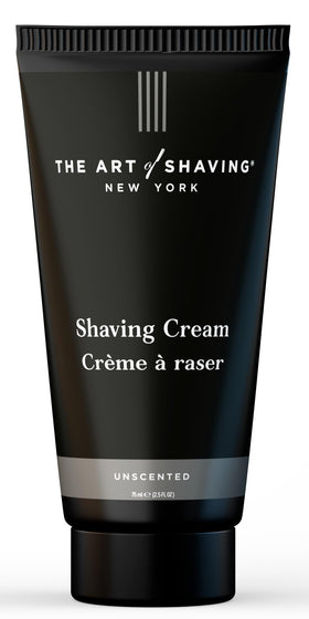 The Art of Shaving front tube showing unscented shaving cream, clear travel size benefit