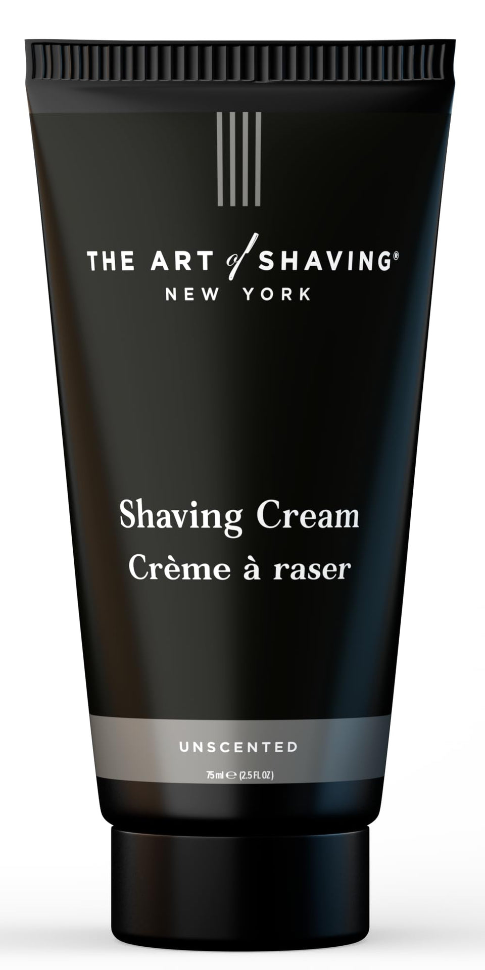 The Art of Shaving front tube showing unscented shaving cream, clear travel size benefit