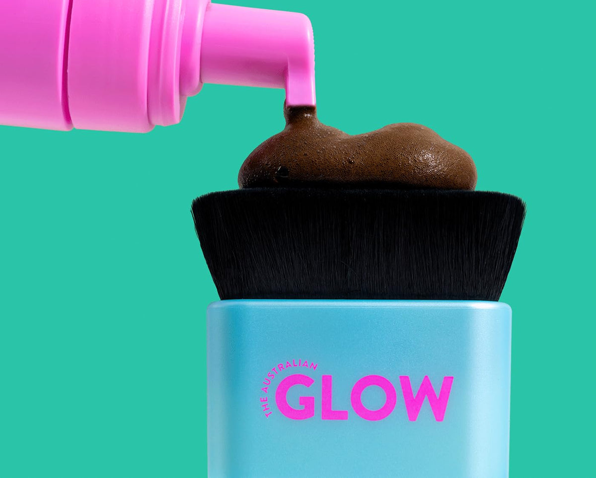 THE AUSTRALIAN GLOW lifestyle bathroom shelf staged for easy at-home tanning