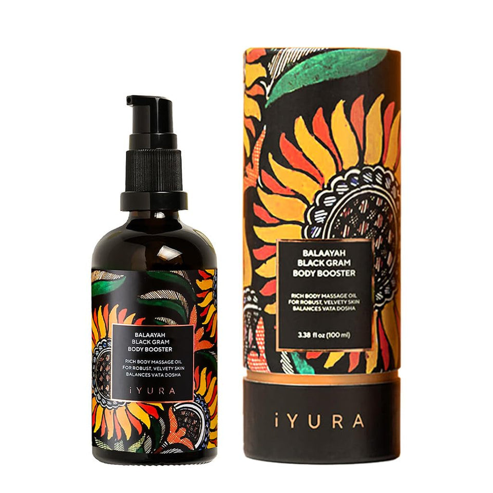 The Ayurveda Experience Balaayah front bottle showing nourishing sheen and firmer-skin benefit
