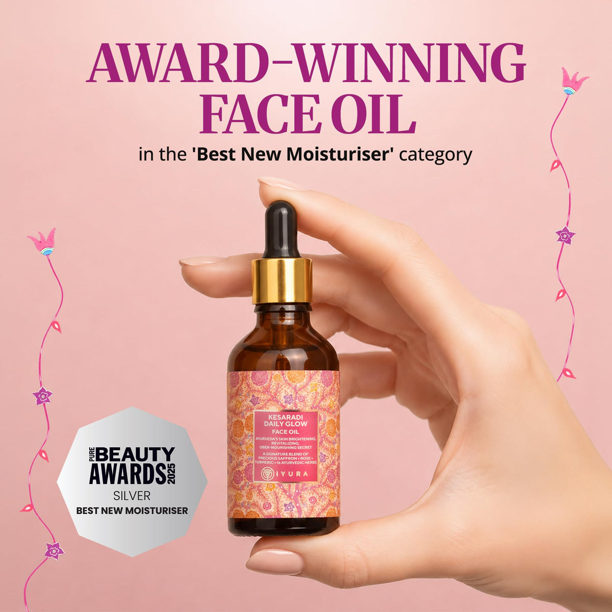 The Ayurveda Experience Kesaradi dropper releasing oil, demonstrating lightweight, quick-absorbing texture