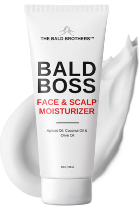 The Bald Brothers front packaging showing bottle and matte finish, hydration benefit