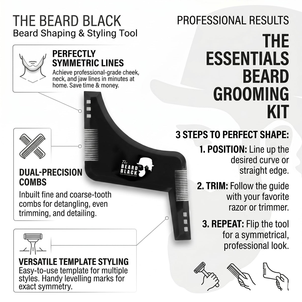The BEARD BLACK inbuilt comb detail showing measurement teeth for consistent length