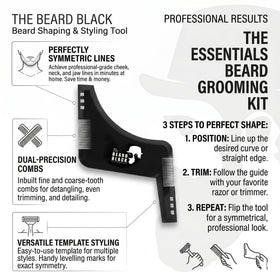 The BEARD BLACK inbuilt comb detail showing measurement teeth for consistent length