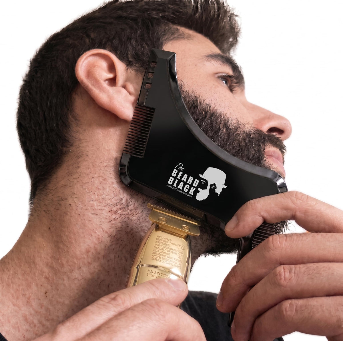 The BEARD BLACK stencil close-up showing alignment marks for precise symmetry